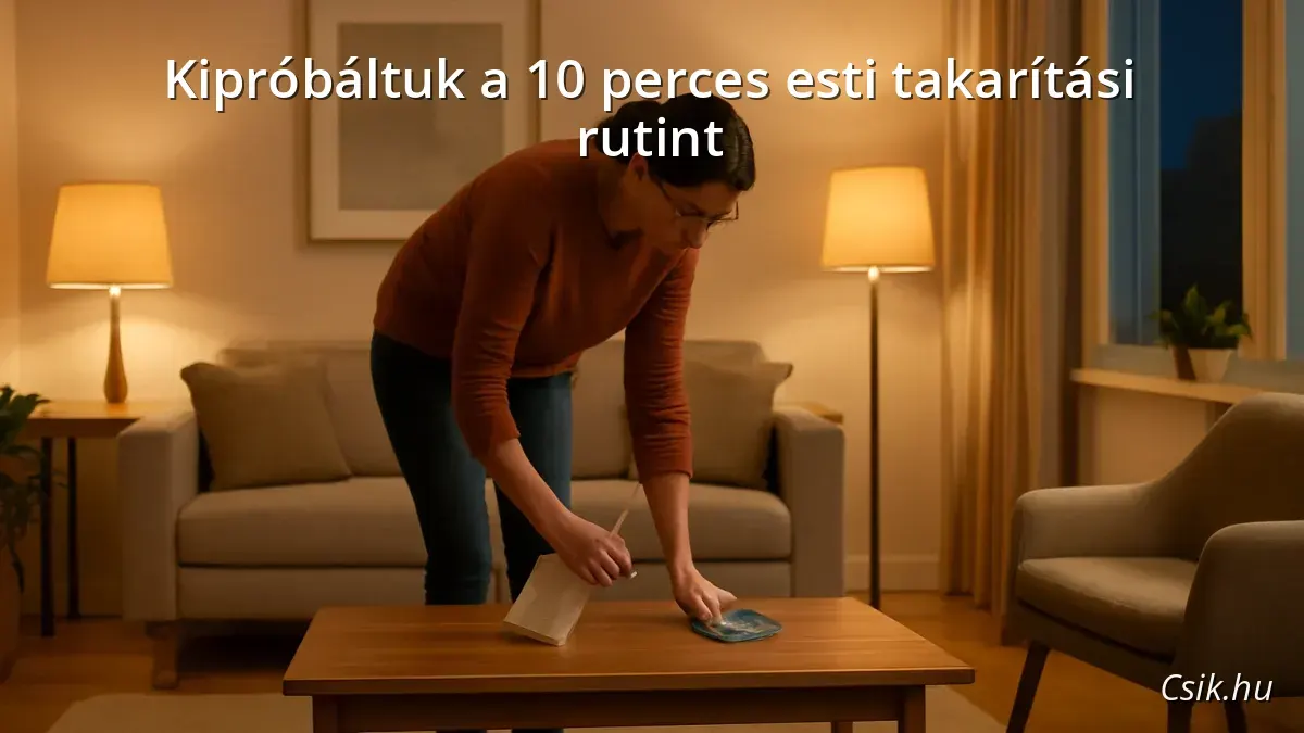 Egy személy gyorsan takarít egy modern nappaliban esti fények mellett