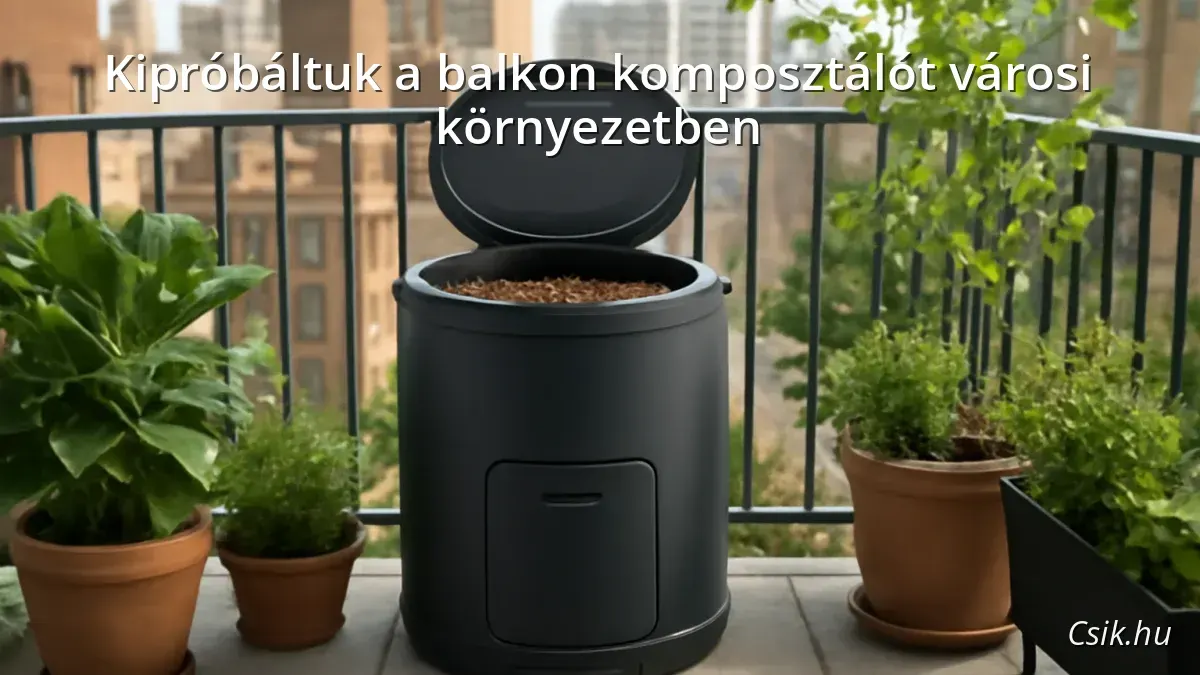 Balkon komposztáló egy városi erkélyen növényekkel és városi háttérrel
